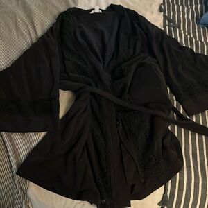 Flirty half robe, black, sheer crochet trim, internal ties plus belt